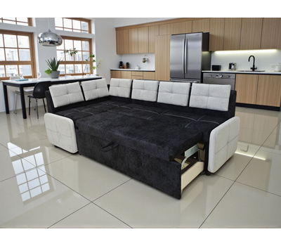 ПОД ЗАКАЗ! Кухонный уголок со спальным местом Оскар 6 СП / 110х200 см / угол "7" / Велюр Брабус 17 (чёрный / Брабус 26 (светло-серый)